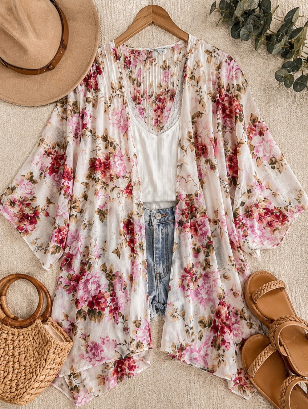 American Eagle Outfitters White Floral Kimono Cover-Up with Pink & Red Flowers